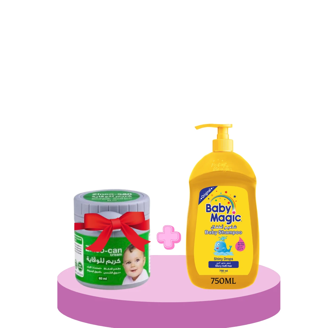شامبو بيبي ماجيك قطرات لامعة 750ml + زينكو-كان كريم للوقاية 60ml مجانا